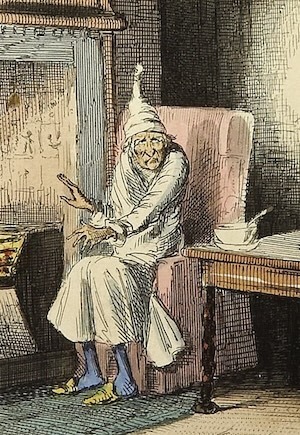 Ebenezer Scrooge enjoying a fire, wearing a Dickensian night cap.